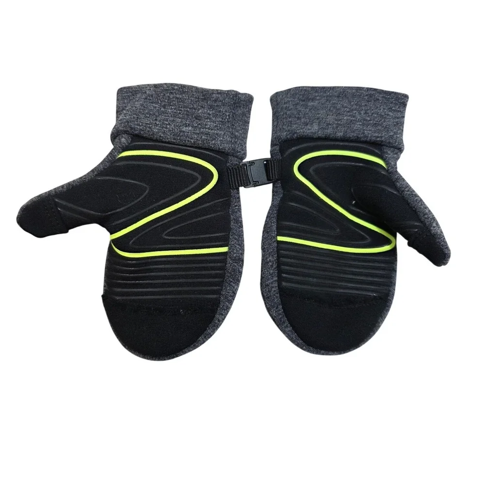 HEAD Toddler Mittens Gray Neon Yellow Textured Grip Winter Gloves Clip 6.5 Inch